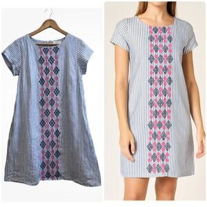 Pomegranate Blue White Striped Linen Fully Lined Pocket Dress Size Small Resort